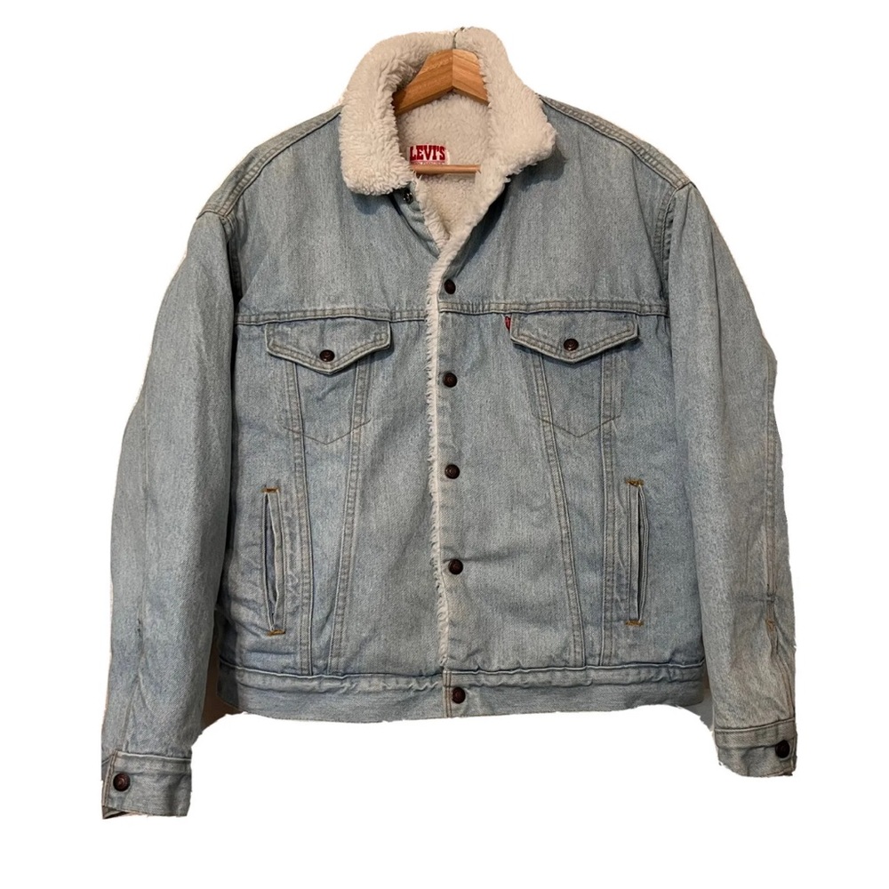 Vintage Levi’s Sherpa Fleece Trucker Light Denim Jacket 70609 USA Sz L - Picture 1 of 12